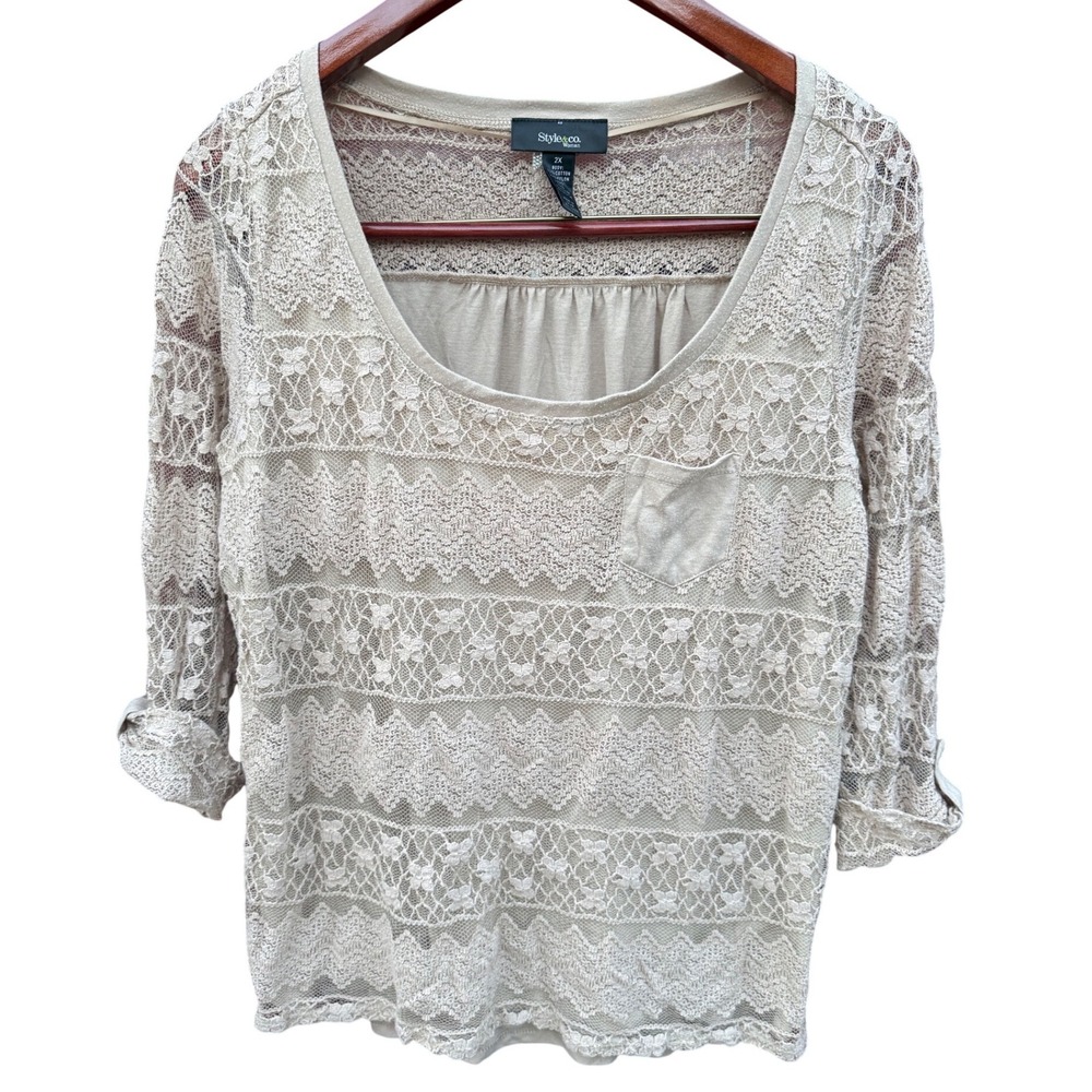 Style & Co Womens Beige Floral Lace Roll Tab Scoop Neck Top Plus Size 2X Boho